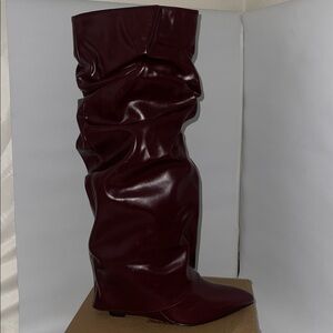 Oiamenne Women's Fold Over Boots Slouch Knee High Boots for Women Wedge Size 8